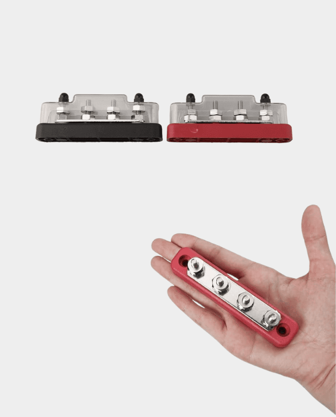 4 Way Busbar Red and Black Pair M5-M6 Stud 100A DC - Image 3